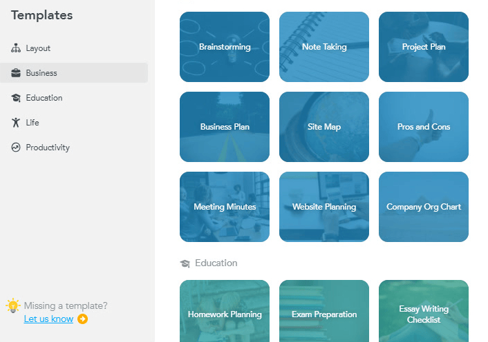 A screenshot of Mindmeister interface with various mind-mapping templates.