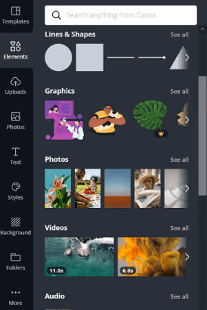 The image depicts numerous graphical components such as shapes, illustrations, and videos in Canva's editor's Elements section.