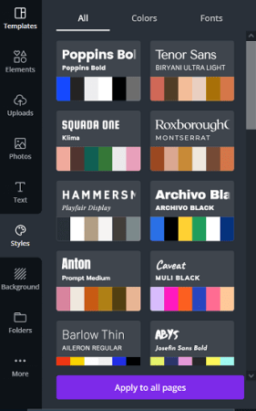 Image showing 10 of the preconfigured color and font combinations available in Canva's editor.